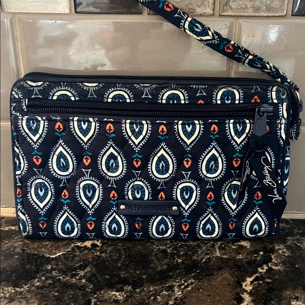 Vera Bradley Navy, White & Orange Patterned Wristlet Wallet
